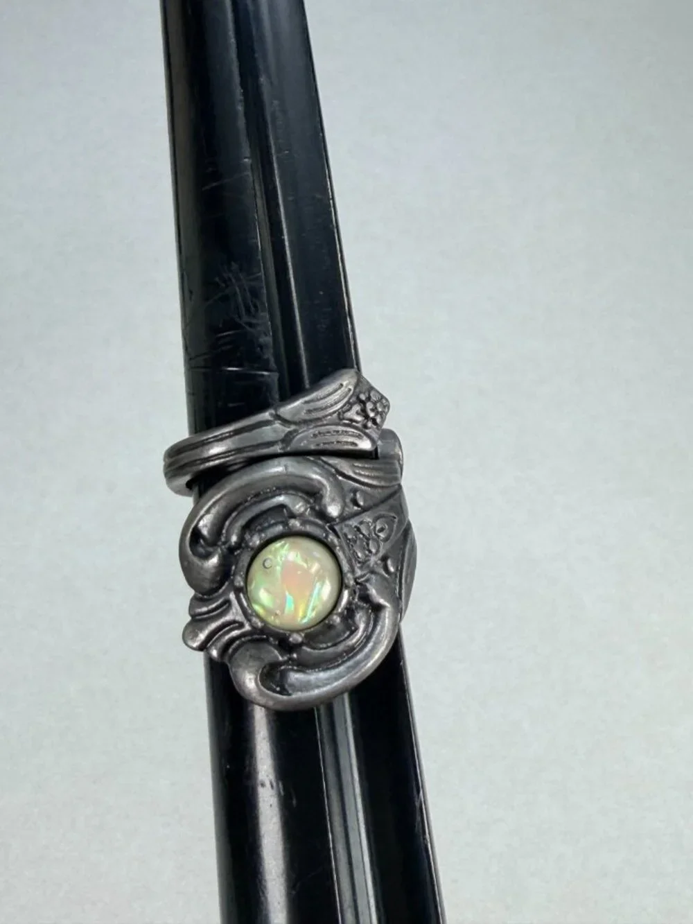 Vintage Opal Style Art Nouveau Statement Ring Silver Tone Cocktail Jewelry